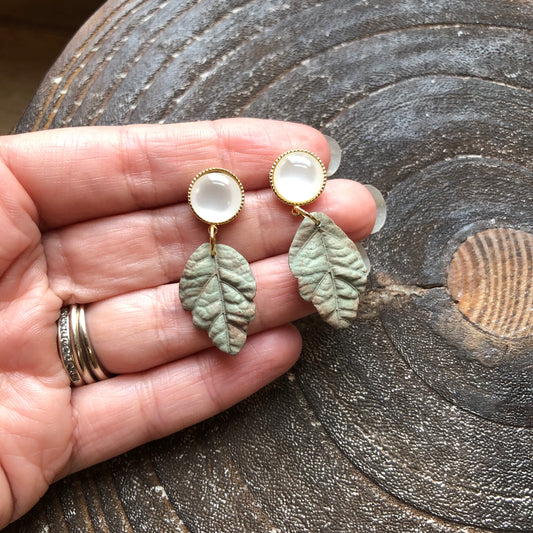 Leaf Earrings, Polymer Clay, 14k Gold Filled Faux Pearl Stud
