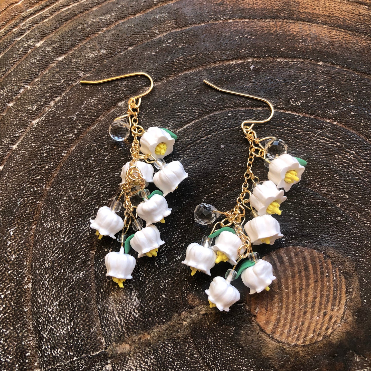 Lily of the Valley, Polymer Clay Dangle Earrings on 14k