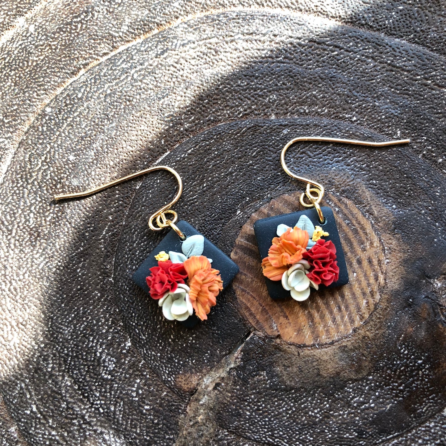 Bright Autumn Floral Polymer Clay Dangles on 14k Gold Filled Hooks