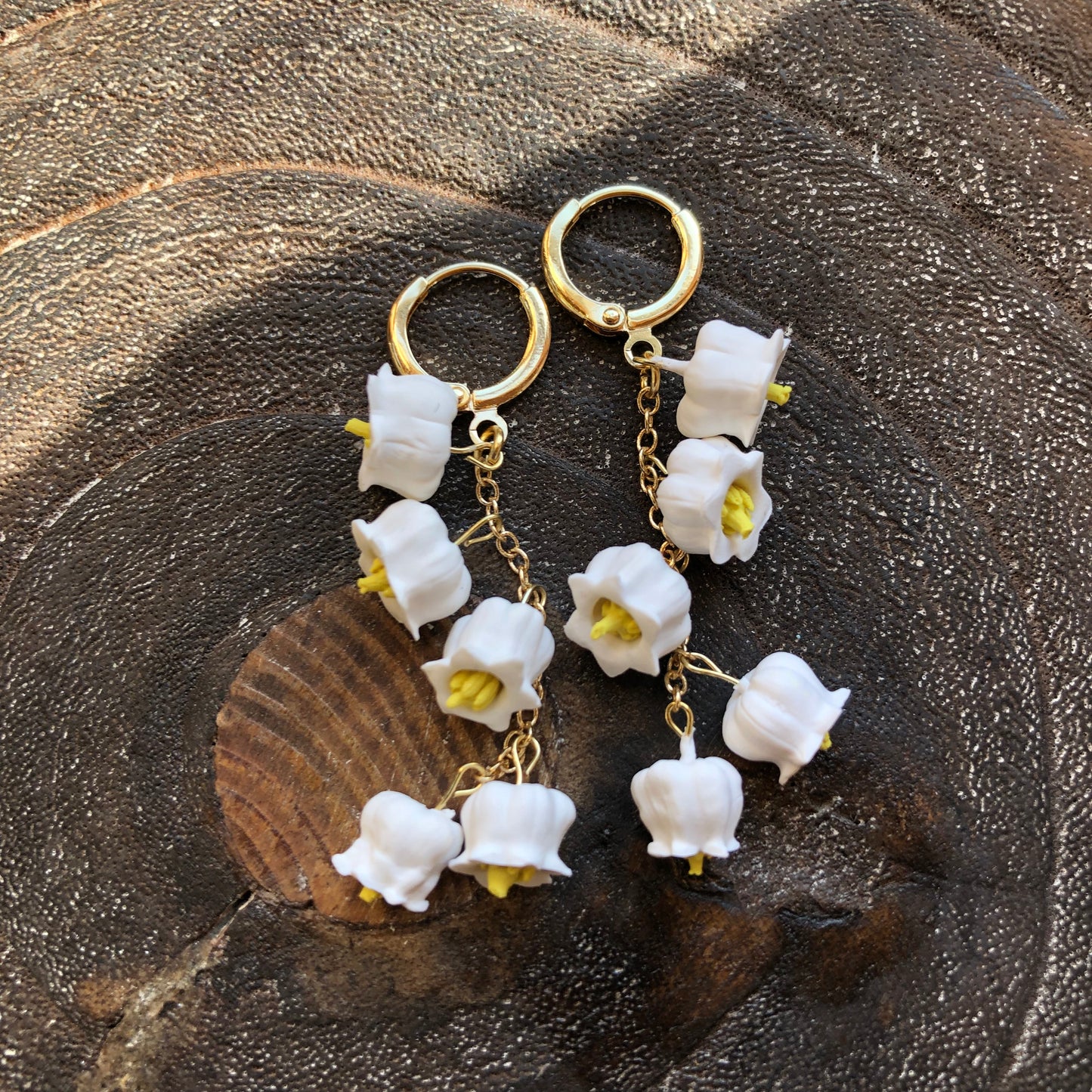 Lily of the Valley Polymer Clay Dangles on 14k Gold Filled Huggies