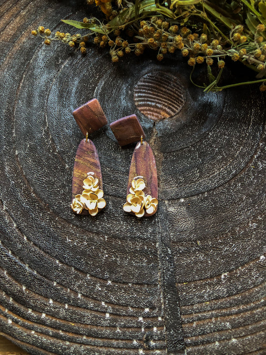Flecks of Gold Polymer Clay Dangle Earrings with Delicate Cream Coloured Roses, Canadian Made