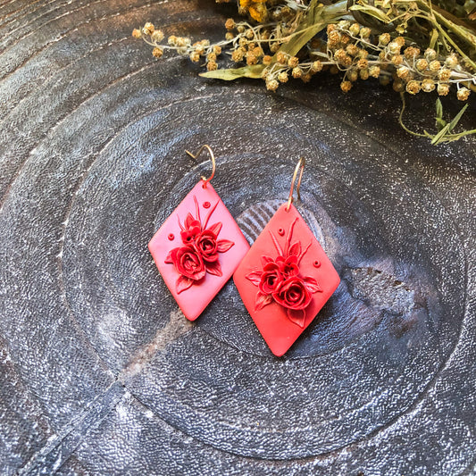 Monochromatic Red Floral Polymer Clay Diamond Dangles on 14k Gold Filled Hooks, Canadian Made