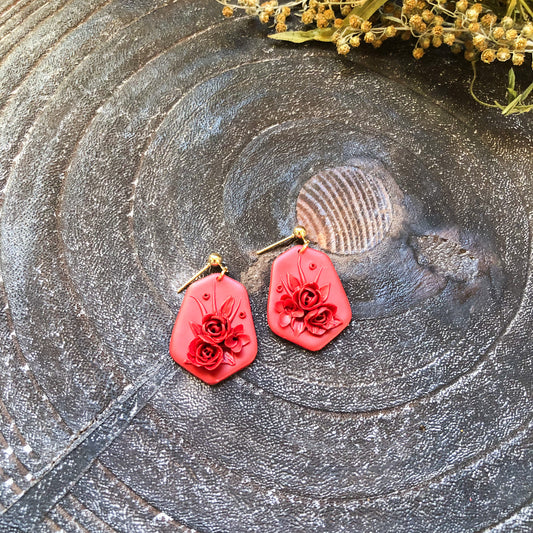 Monochromatic Red Floral Polymer Clay Dangle Earrings on Gold Plated Ball Posts. Canadian Made