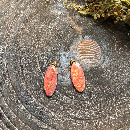 Kezi's Collection, Reds and Golds Polymer Clay Small Oval on Gold Plated Ball Posts, Canadian Made