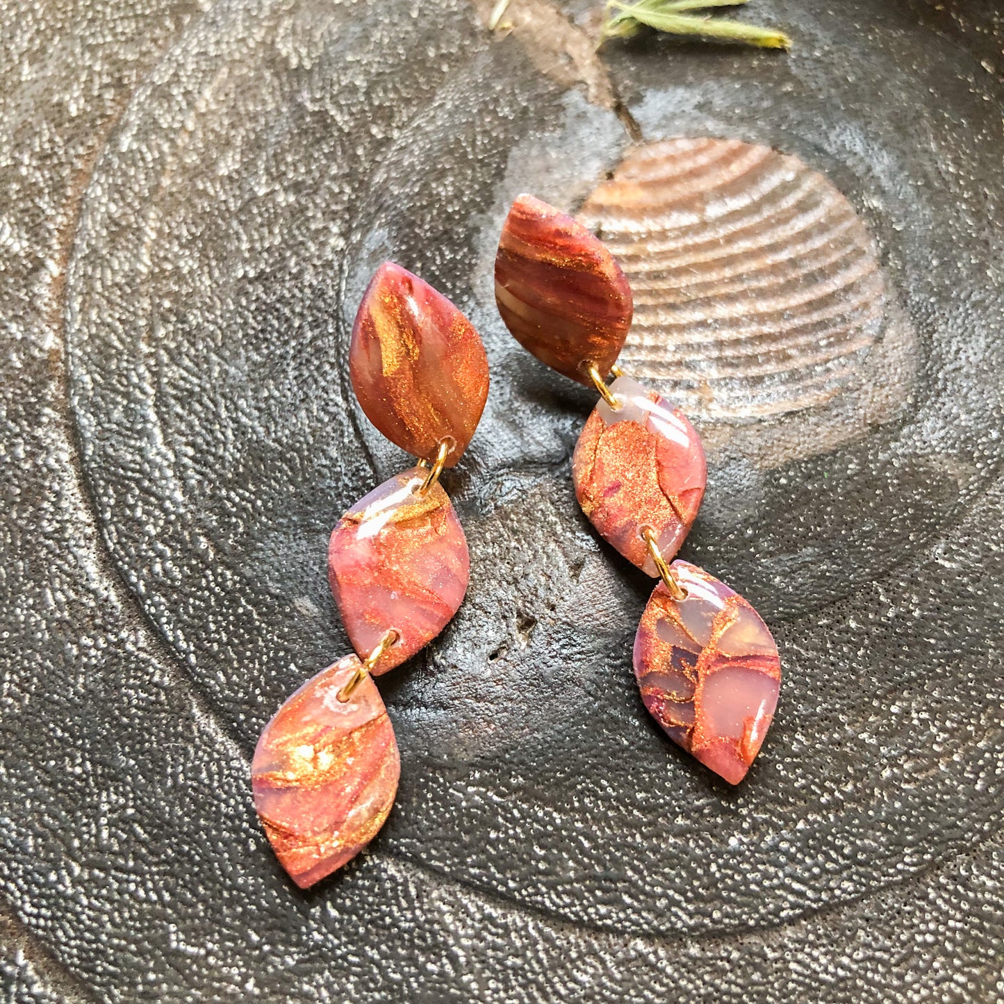 Kezi's Collection, Golds and Reds, 3-Tier Polymer Clay Dangles on Surgical Stainless Steel Posts, Canadian Made