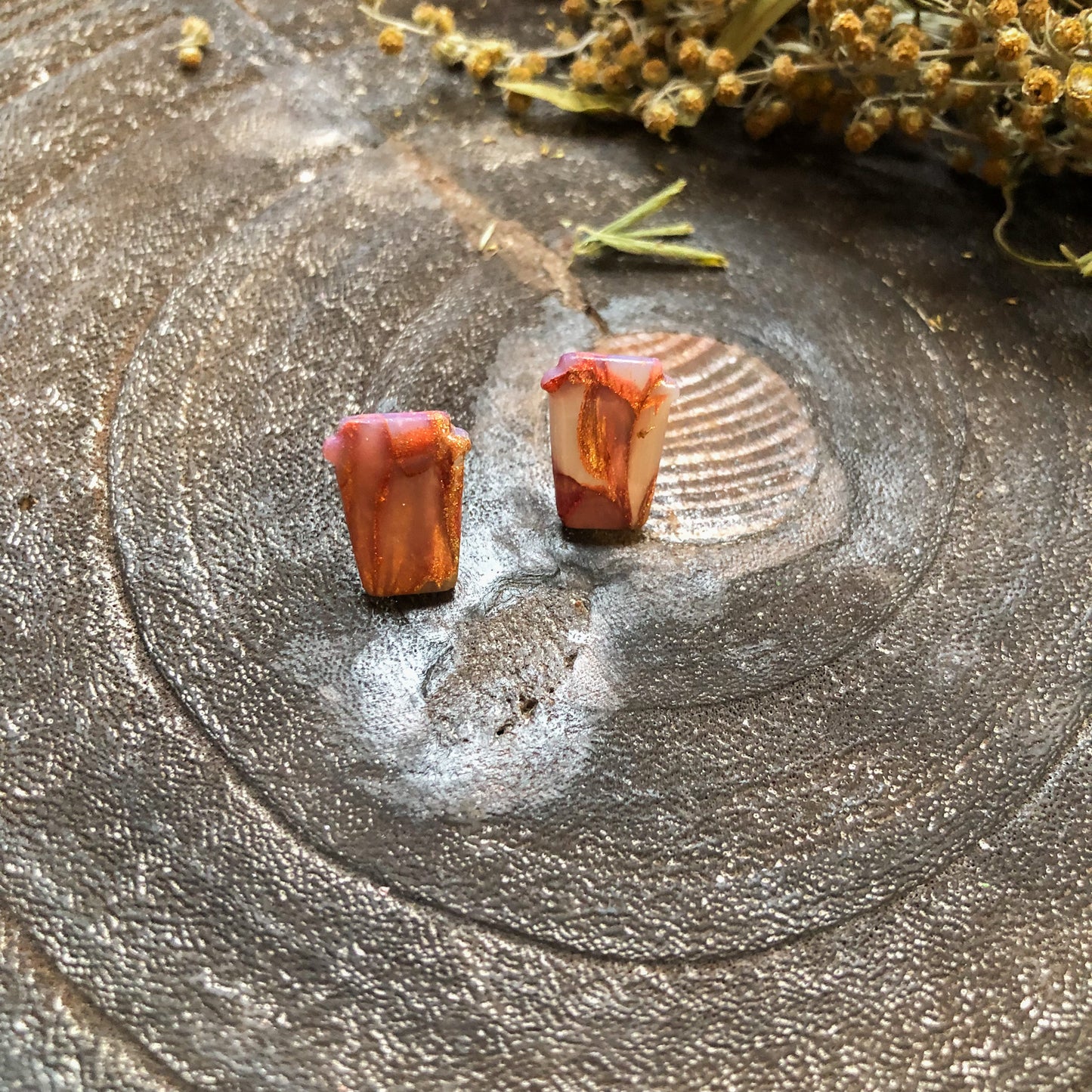 Kezi's Collection, Reds and Golds, Coffee Cup Studs in Polymer Clay on Surgical Stainless Steel, Canadian Made
