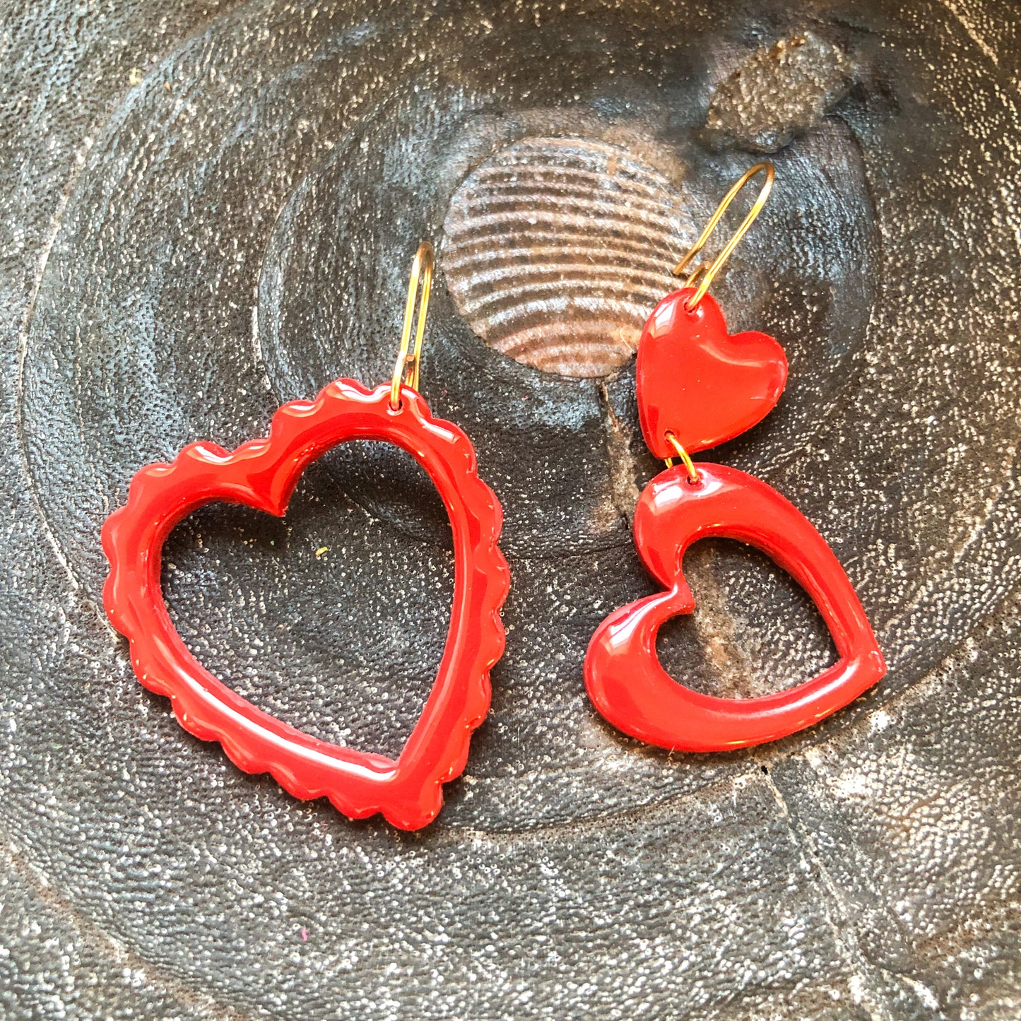 Red Heart Asymmetrical Dangles on an Angle, in Polymer Clay, on 14k Gold Filled Hooks, Canadian Made