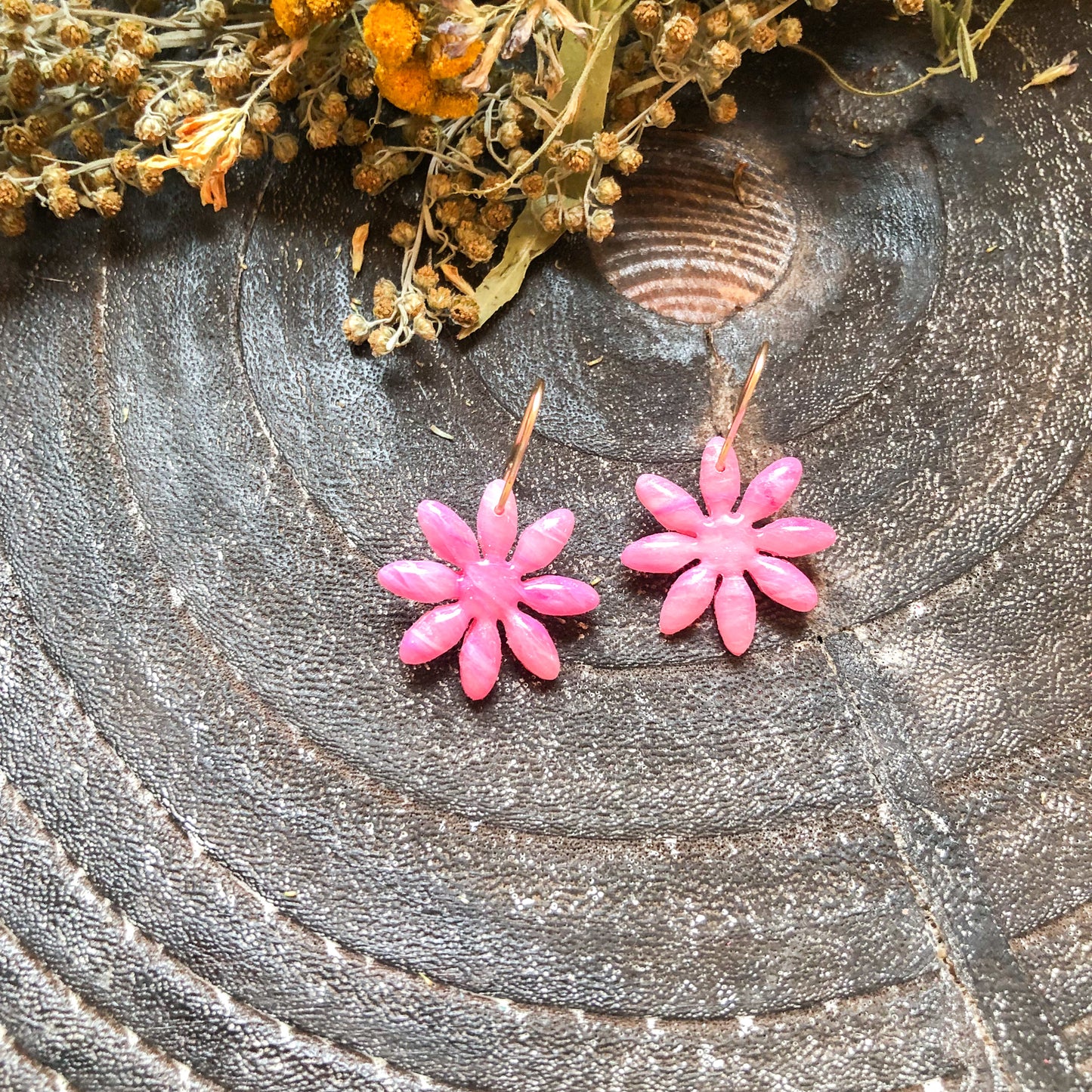Pink Marble Flower Polymer Clay Dangle Earrings on 14k Gold Filled Hooks, Canadian Made