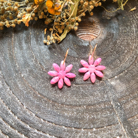 Pink Marble Flower Polymer Clay Dangle Earrings on 14k Gold Filled Hooks, Canadian Made