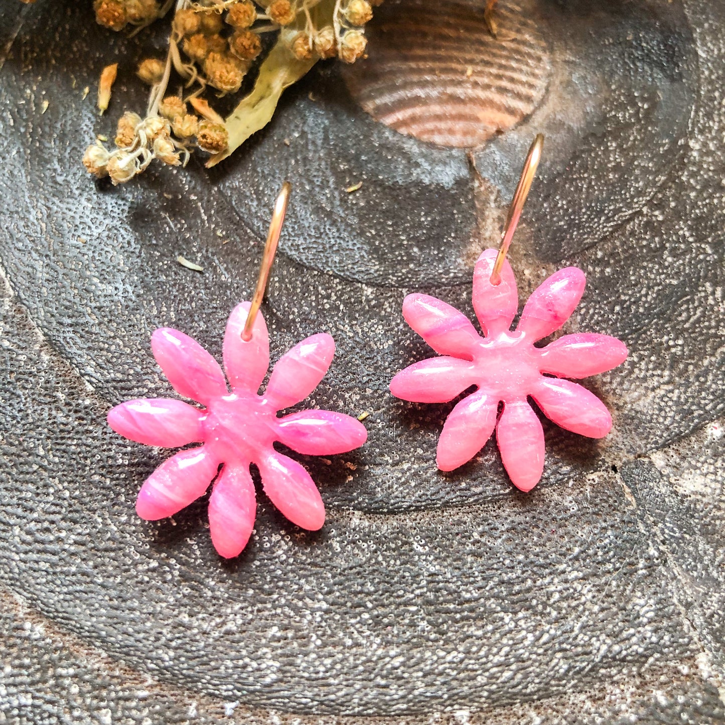 Pink Marble Flower Polymer Clay Dangle Earrings on 14k Gold Filled Hooks, Canadian Made