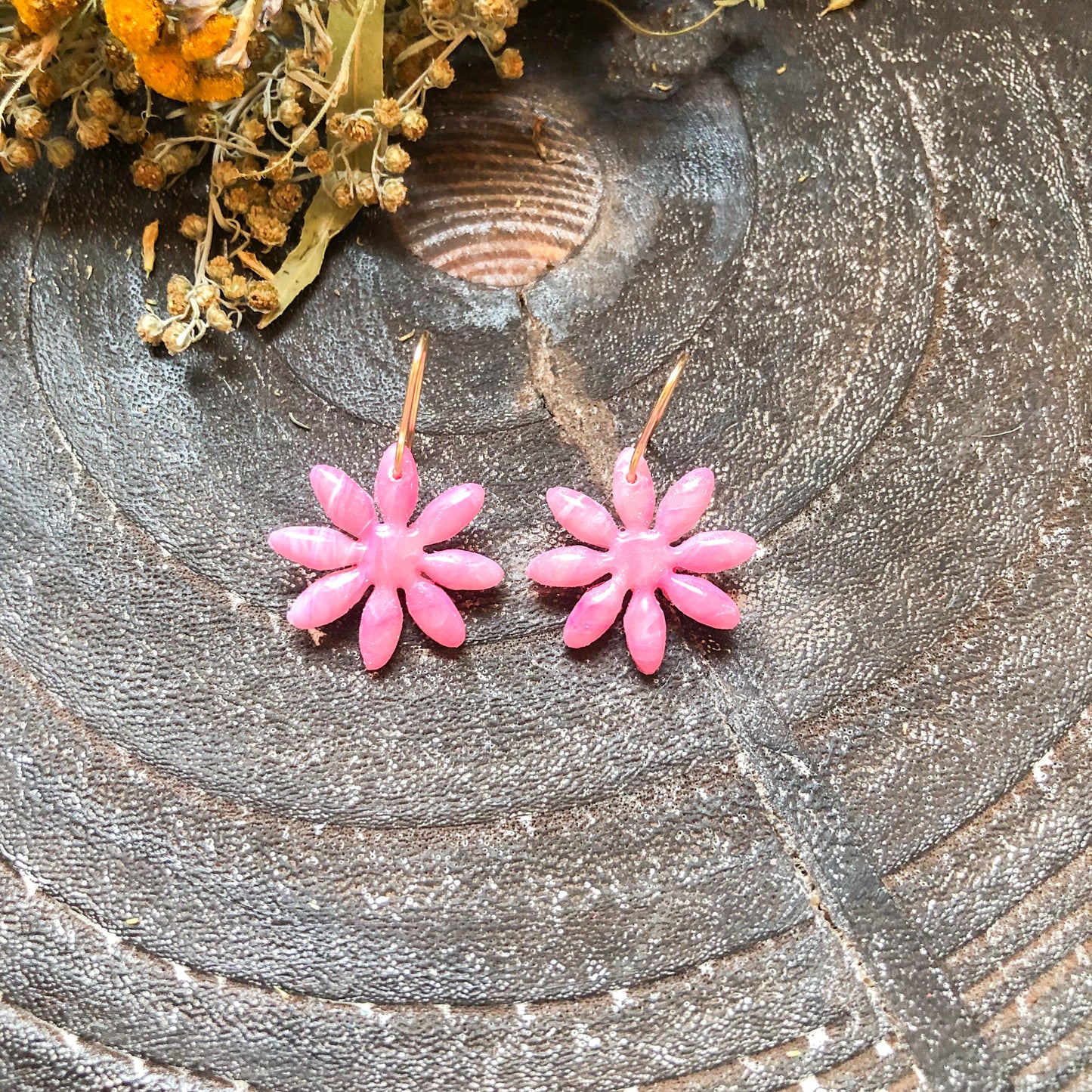 Pink Marble Flower Polymer Clay Dangle Earrings on 14k Gold Filled Hooks, Canadian Made