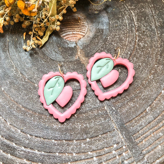 Heart Polymer Clay Dangle Earrings with Leaf, on 14k Gold Filled Hooks, Canadian Made