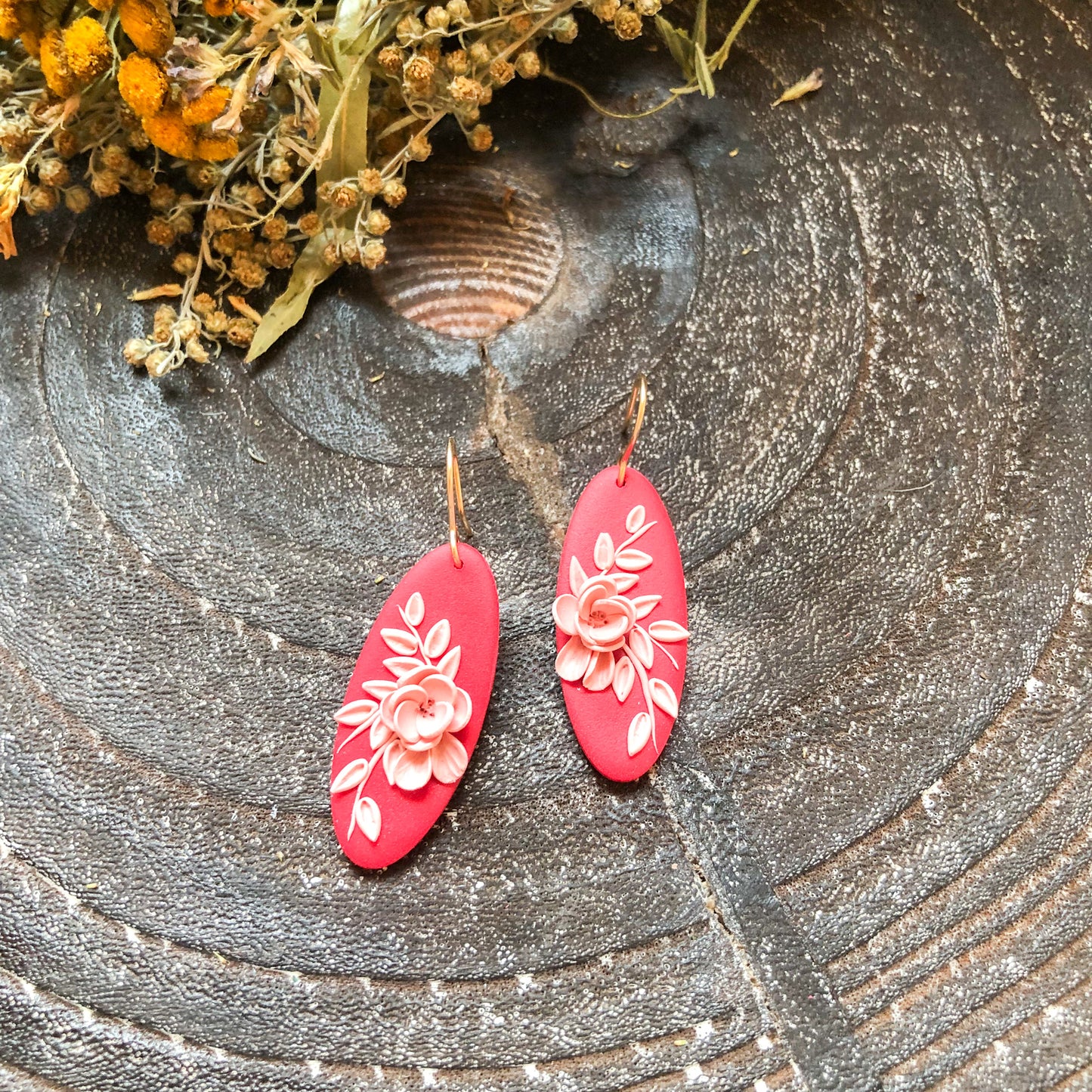 Red and Pinks, Floral Polymer Clay Dangle Earrings on 14k Gold Filled Hooks, Canadian Made