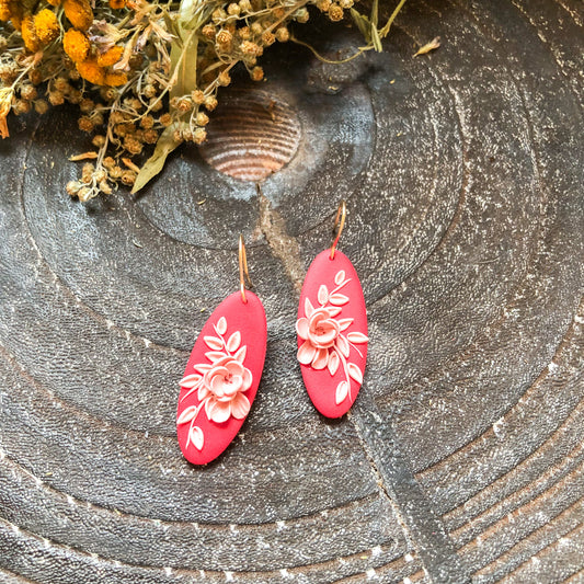Red and Pinks, Floral Polymer Clay Dangle Earrings on 14k Gold Filled Hooks, Canadian Made