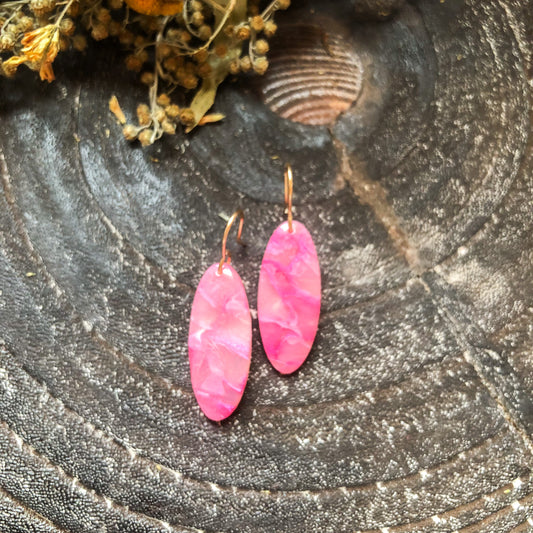 Pink Marbled Small Oval Polymer Clay Dangle Earrings on 14k Gold Filled Hooks, Canadian Made