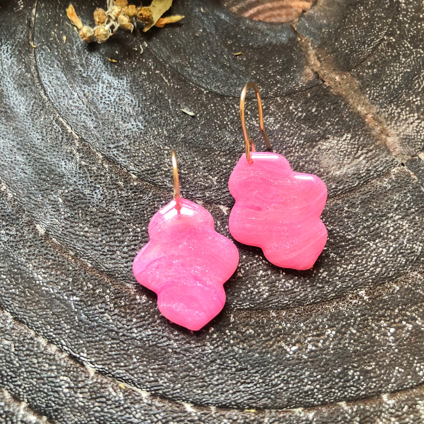 Pink Marbled Moroccan Style Polymer Clay Dangle Earrings, on 14k Gold Filled Hooks, Canadian Made