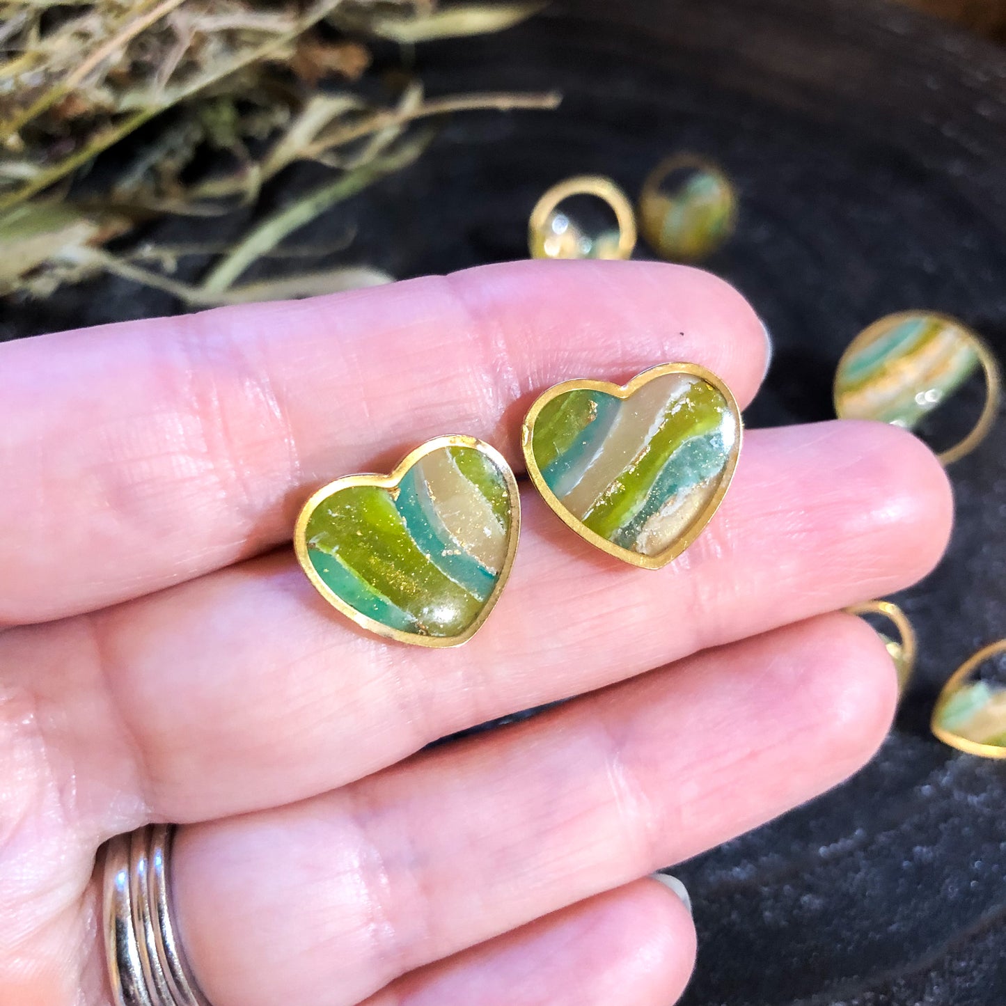 Bright Earthy Faux Stone Studs with Gold Frame, Polymer Clay, Canadian Made
