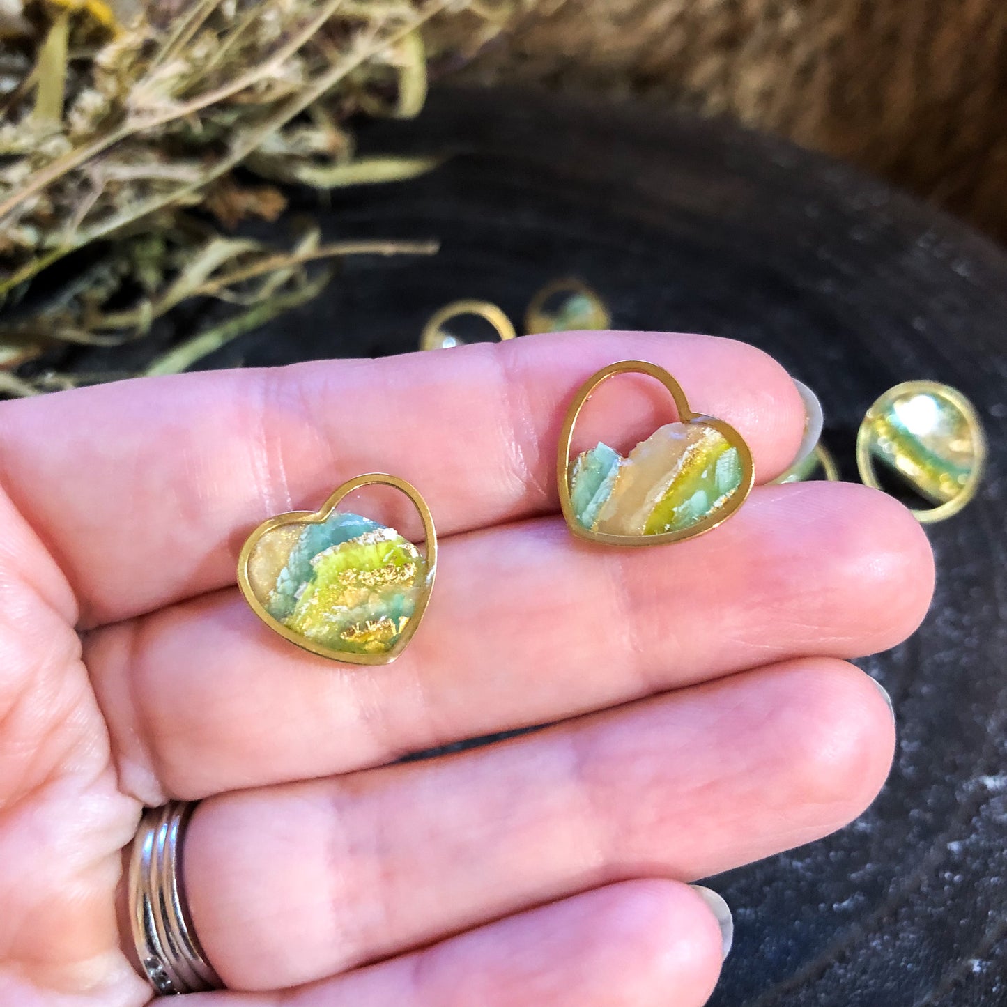 Bright Earthy Faux Stone Studs with Gold Frame, Polymer Clay, Canadian Made
