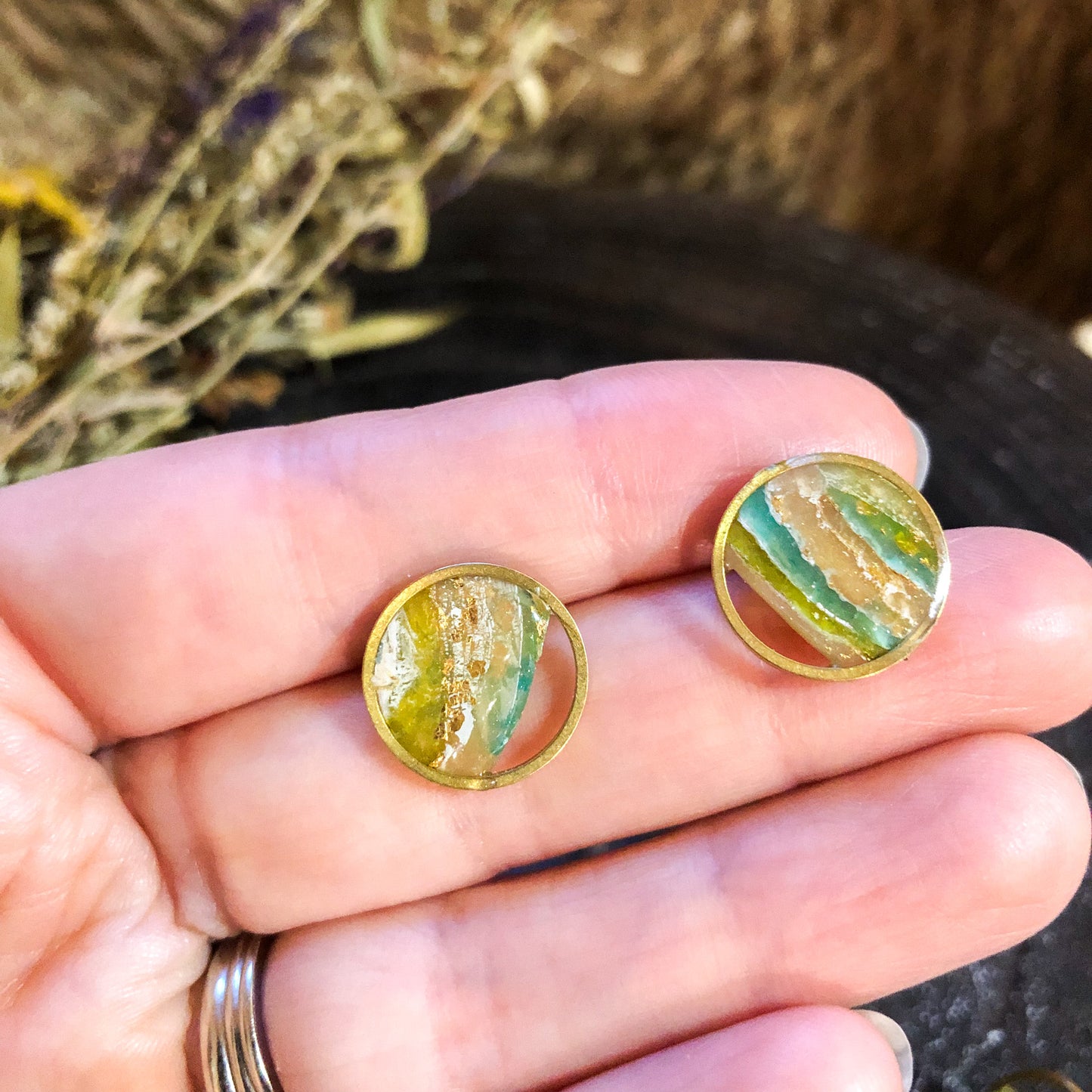 Bright Earthy Faux Stone Studs with Gold Frame, Polymer Clay, Canadian Made