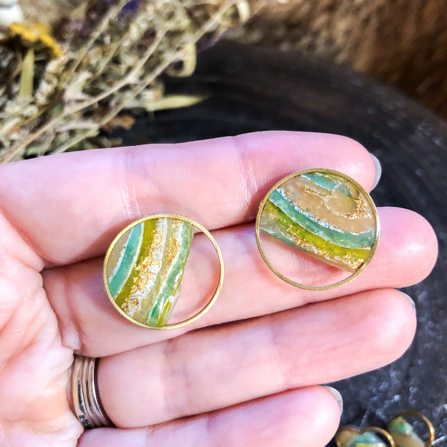 Bright Earthy Faux Stone Studs with Gold Frame, Polymer Clay, Canadian Made