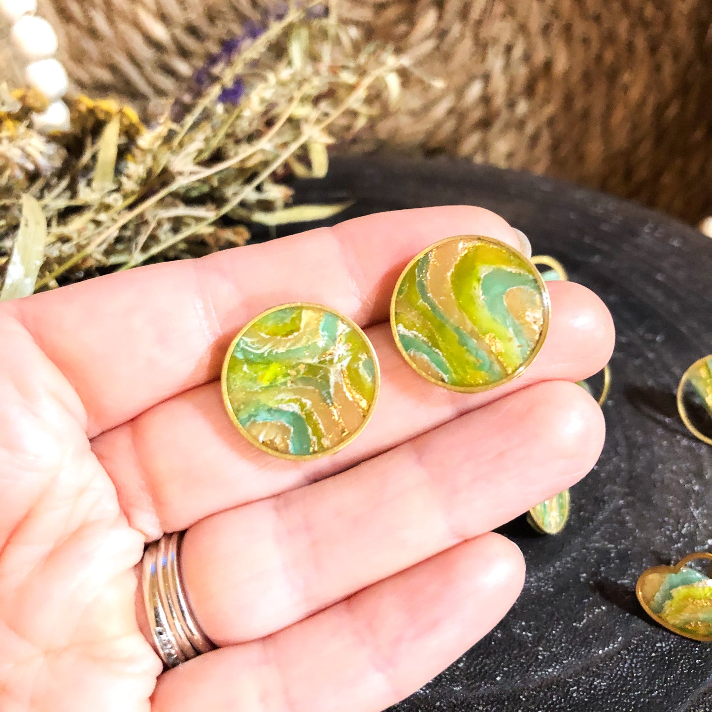Bright Earthy Faux Stone Studs with Gold Frame, Polymer Clay, Canadian Made