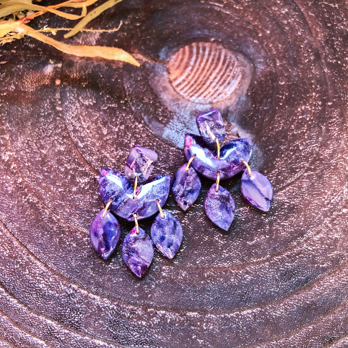 Dark Purple Faux Stone Polymer Clay Abstract Dangles on Surgical Stainless Steel, Canadian Made