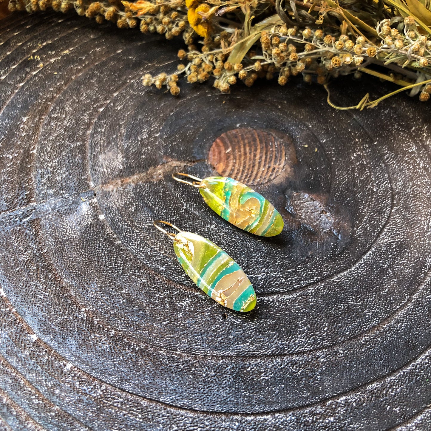 Bright Earthy Faux Stone Polymer Clay Oval Dangles Style 2 on 14K Gold Filled Hooks, Canadian Made