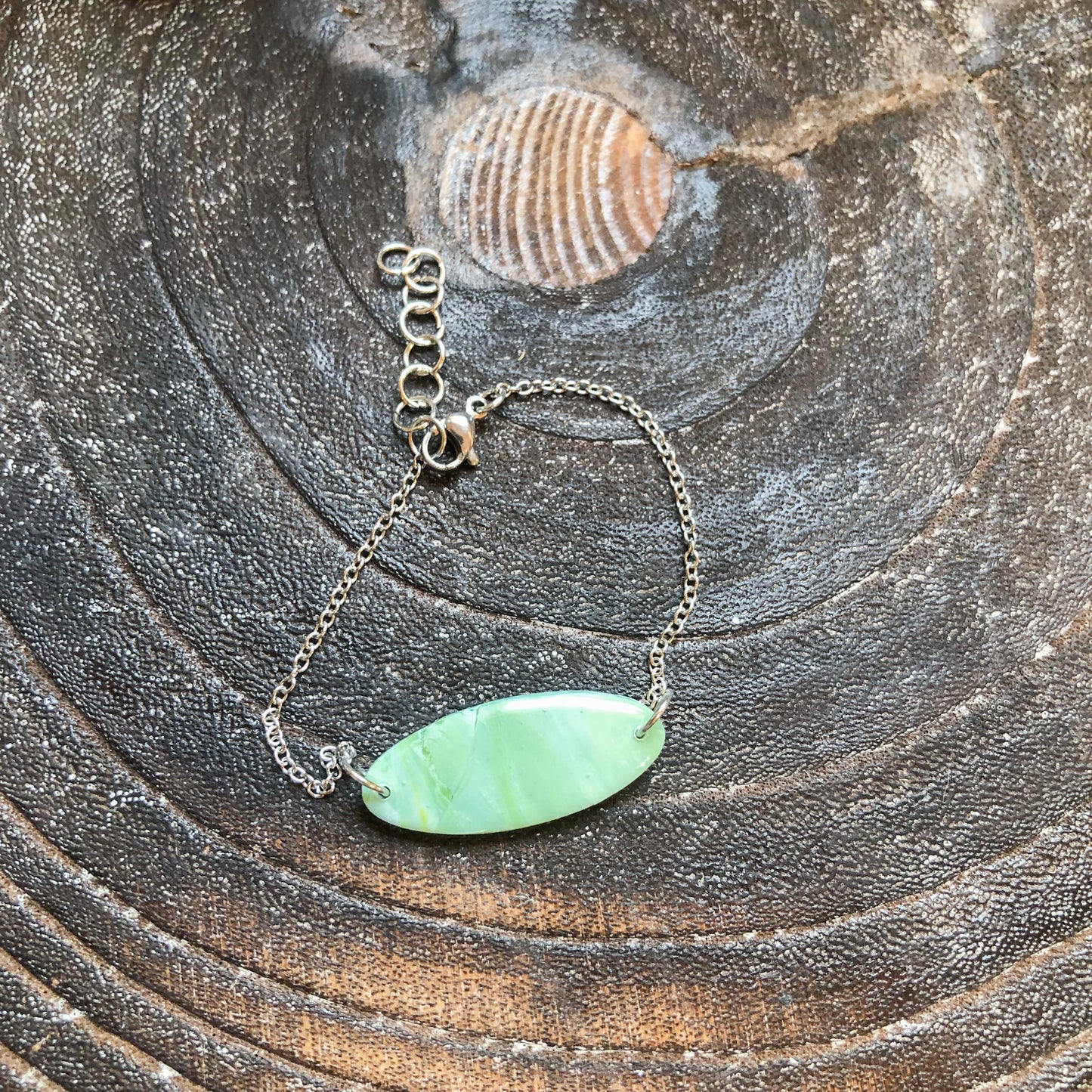 Soft Green Polymer Clay Oval Bracelet on Stainless Steel Adjustable Chain