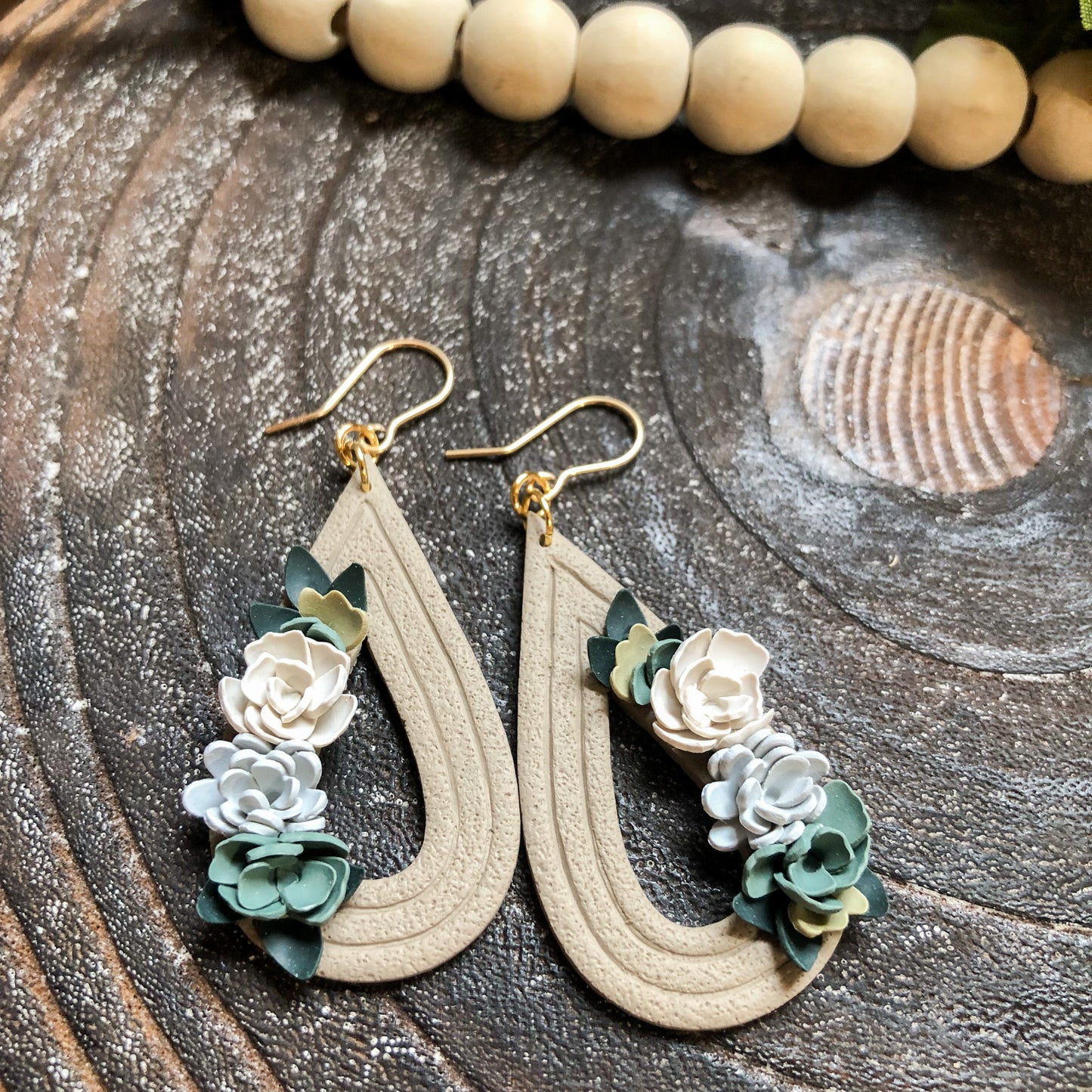 Large Neutral Floral Polymer Clay Dangles on 14k Gold Filled Hooks