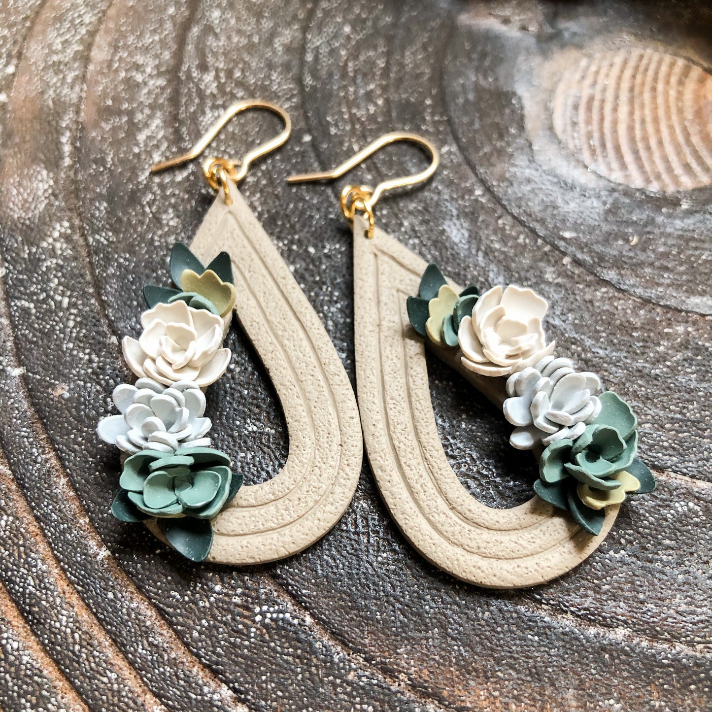 Large Neutral Floral Polymer Clay Dangles on 14k Gold Filled Hooks