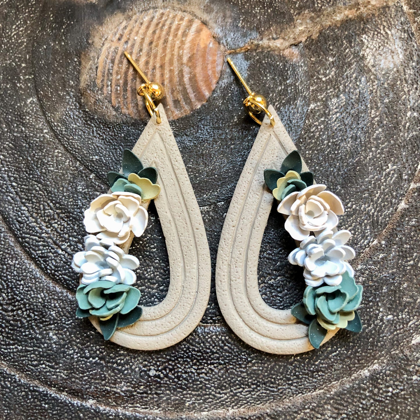 Neutral Tear Drop Polymer Clay Dangles on Gold Ball Posts