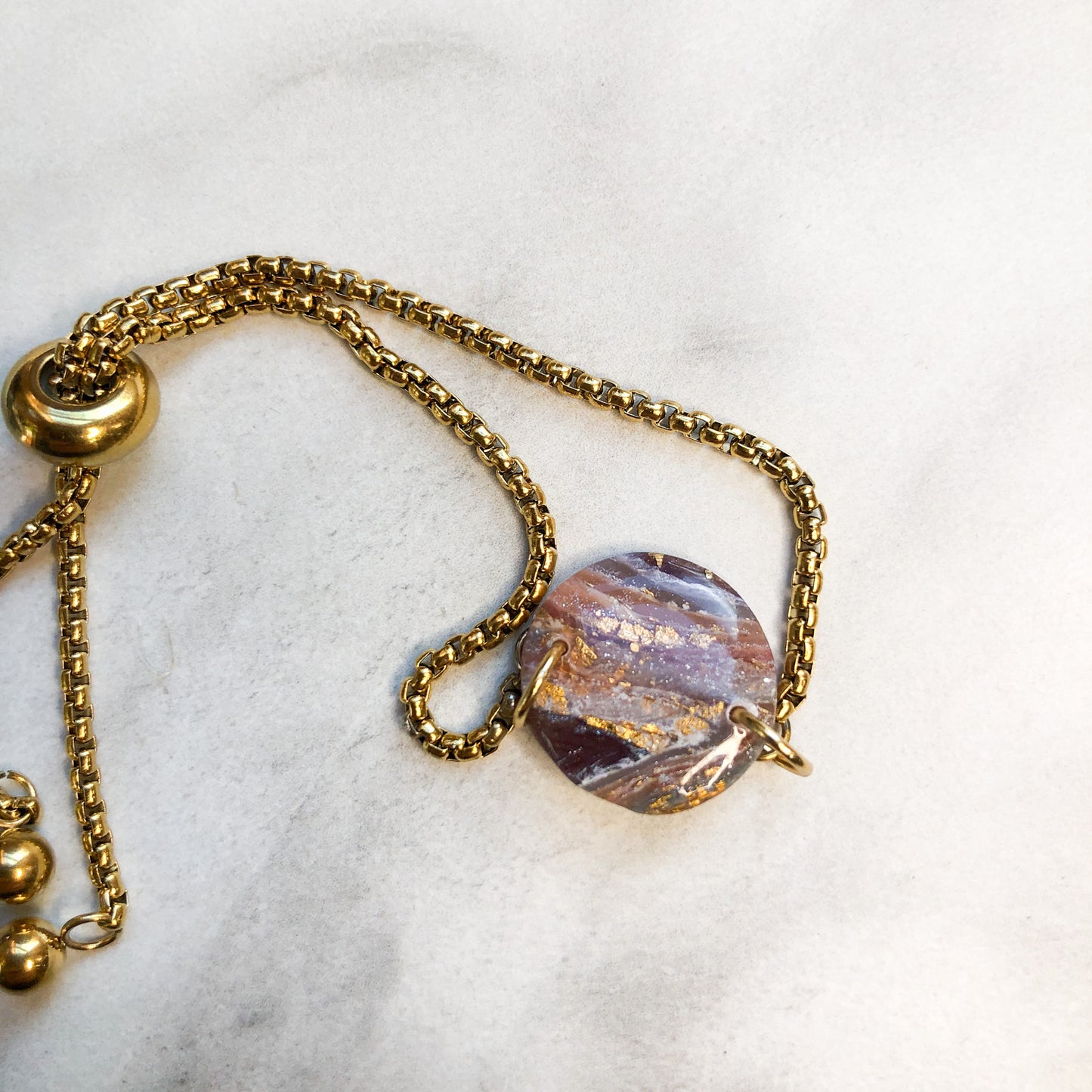 Earth Collection, Polymer Clay Circle Bracelet on Adjustable Gold Chain