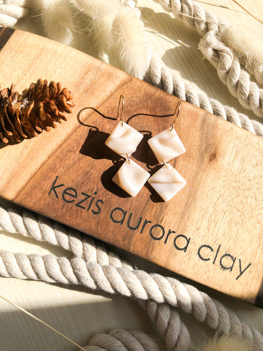 Ivory Silk Sheets in Polymer Clay, Diamond Shaped Dangles, on 14k Gold Filled Hooks, Canadian Made
