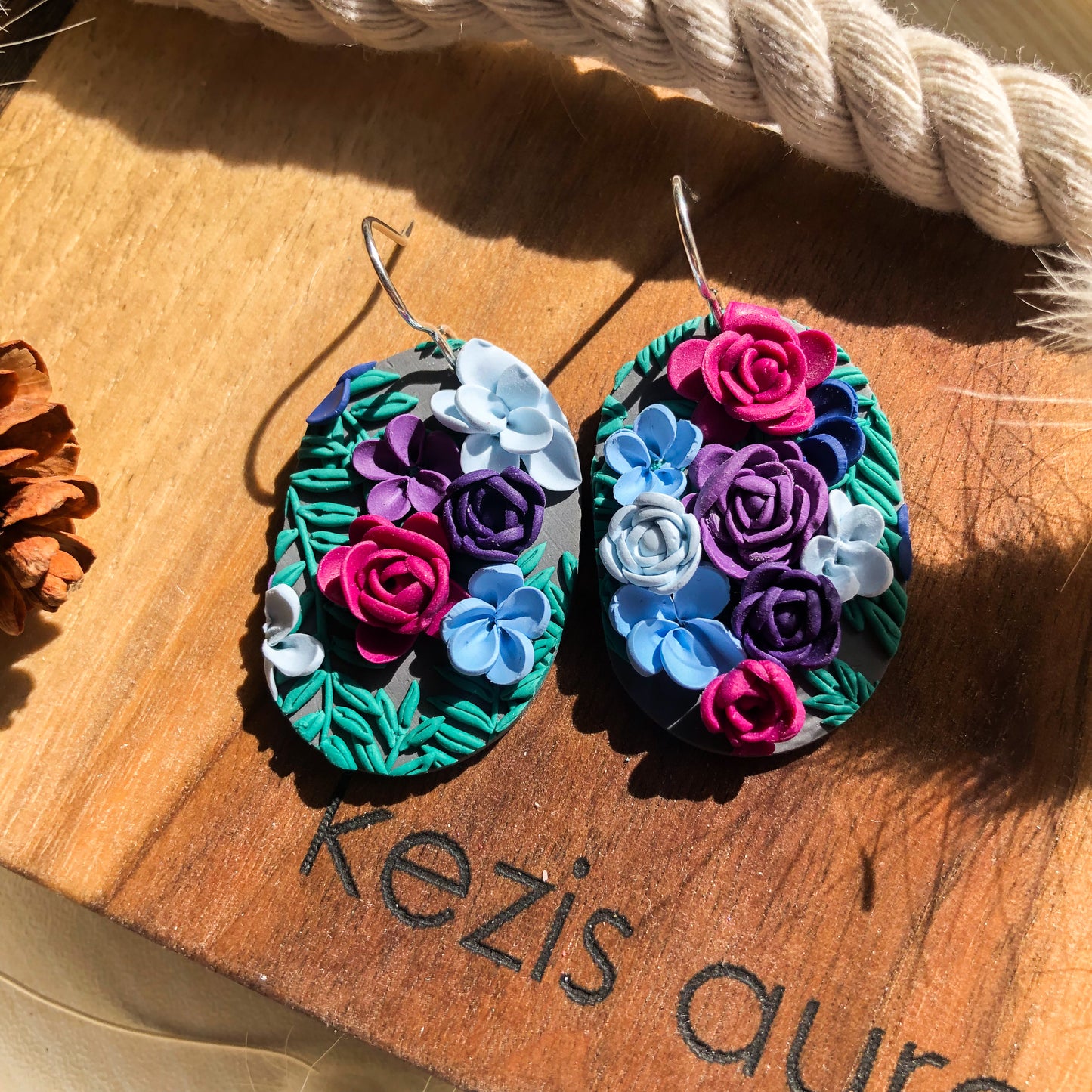 Stormy Spring Floral Polymer Clay Dangle Earrings on Sterling Silver Hooks, Canadian Made