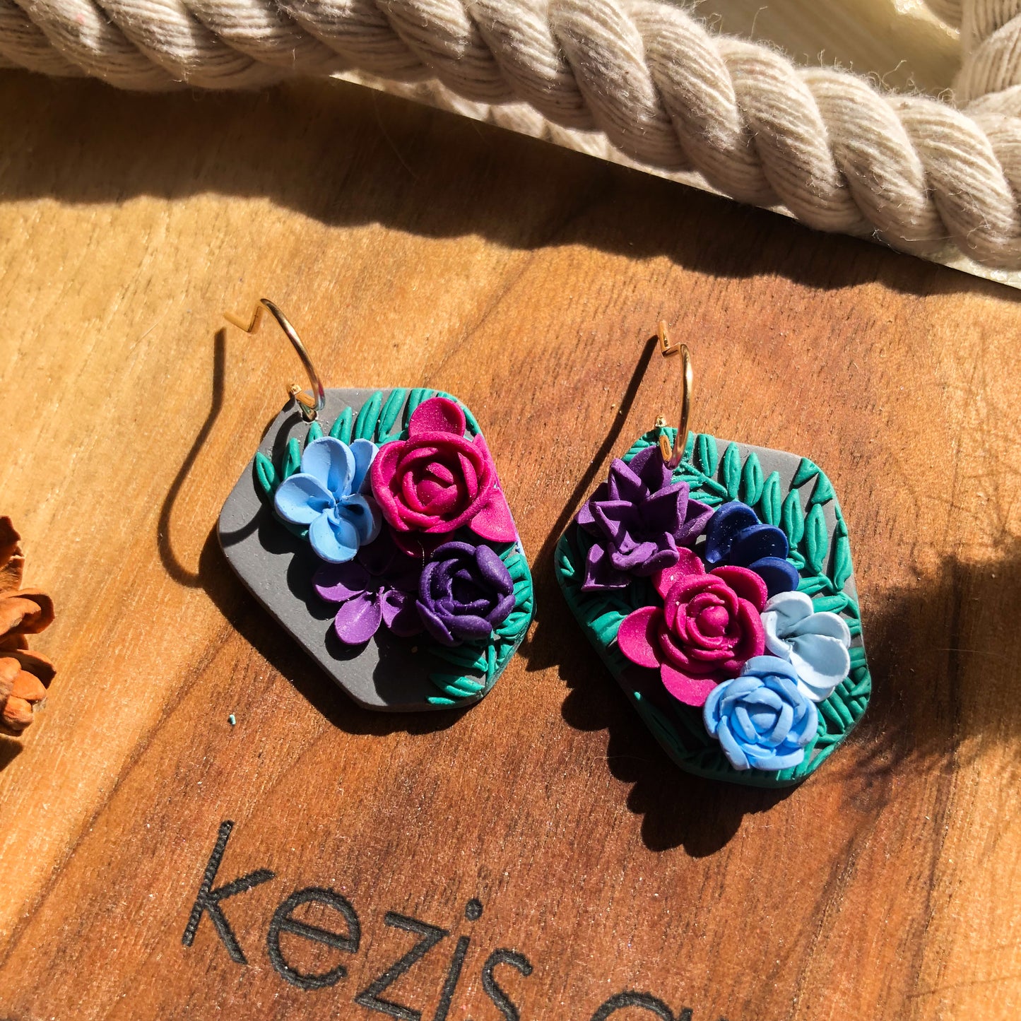 Stormy Spring Floral Polymer Clay Dangle Earrings on Sterling Silver Hooks, Canadian Made