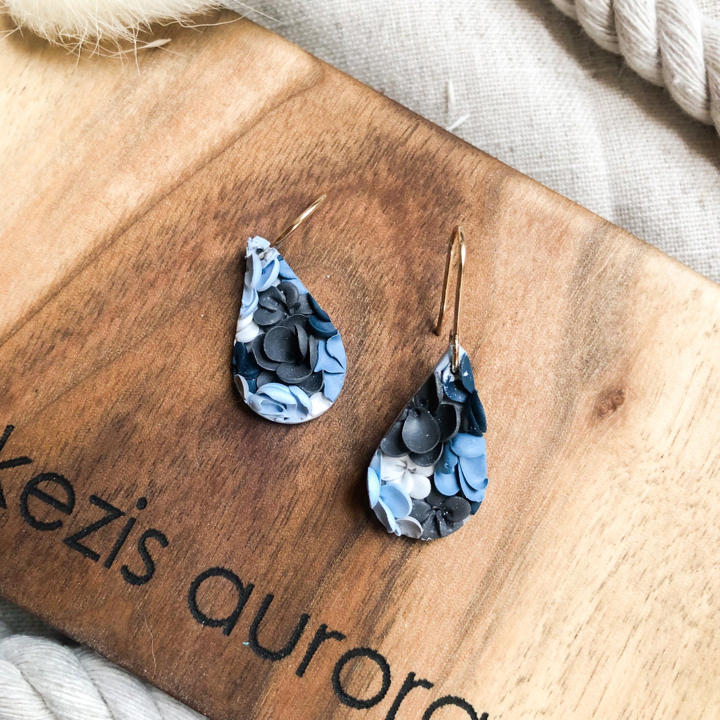 Flowers in Blue, Polymer Clay Dangle Earrings, Canadian Made