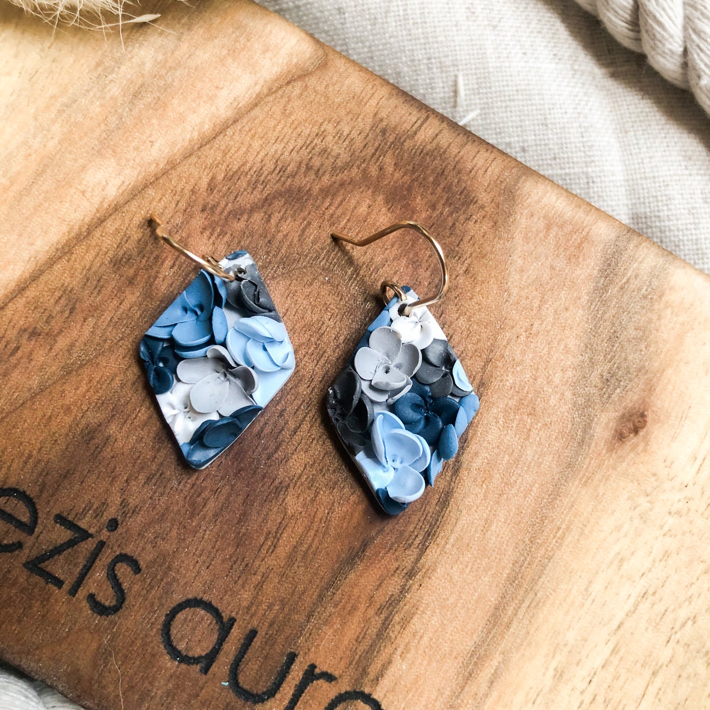 Flowers in Blue, Polymer Clay Dangle Earrings, Canadian Made