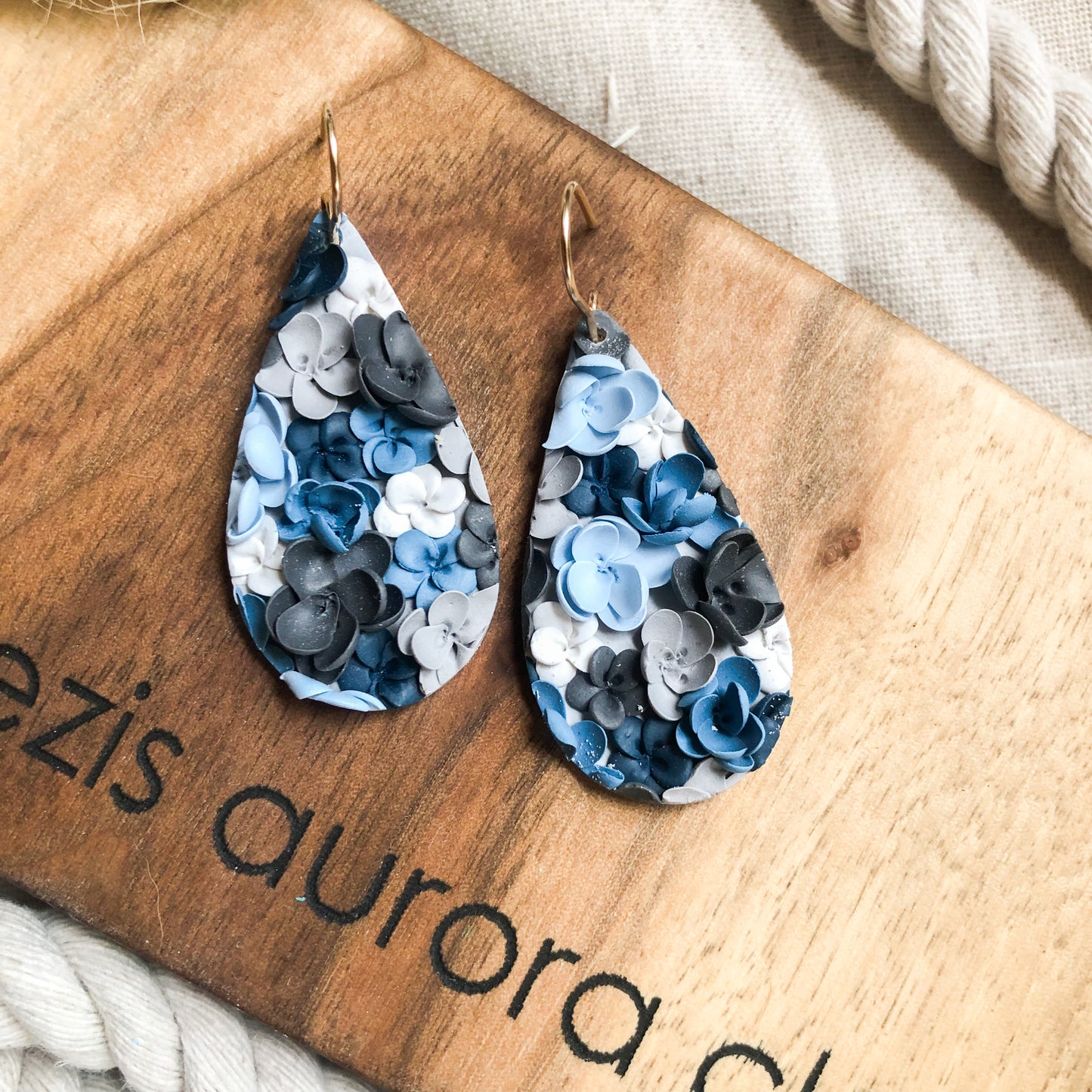 Flowers in Blue, Polymer Clay Dangle Earrings, Canadian Made