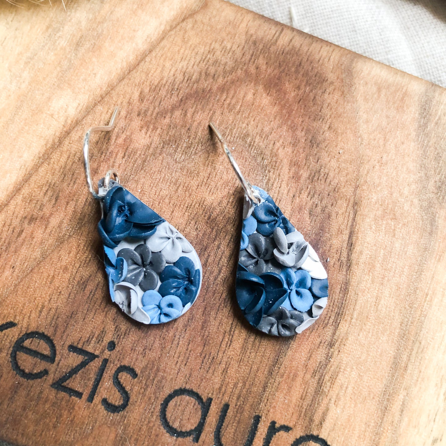 Flowers in Blue, Polymer Clay Dangle Earrings, Canadian Made