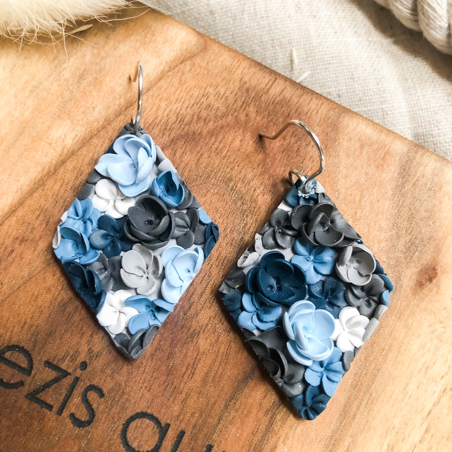 Flowers in Blue, Polymer Clay Dangle Earrings, Canadian Made