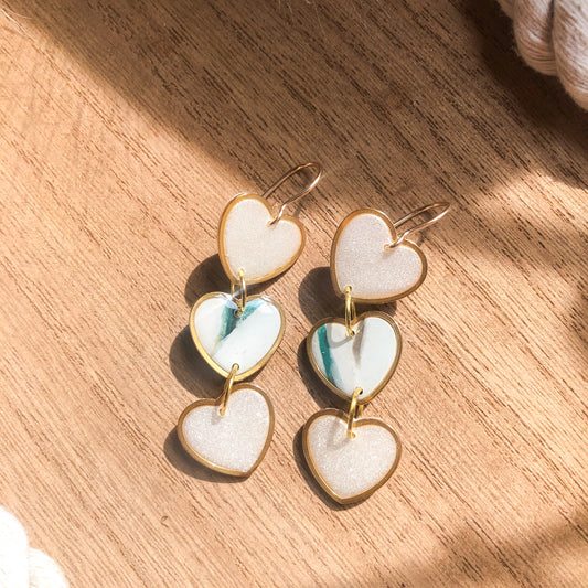 Heart of Gold with Green Accent, Polymer Clay 3 Tier Dangle Earrings, on 14k Gold Filled Hooks, Canadian Made